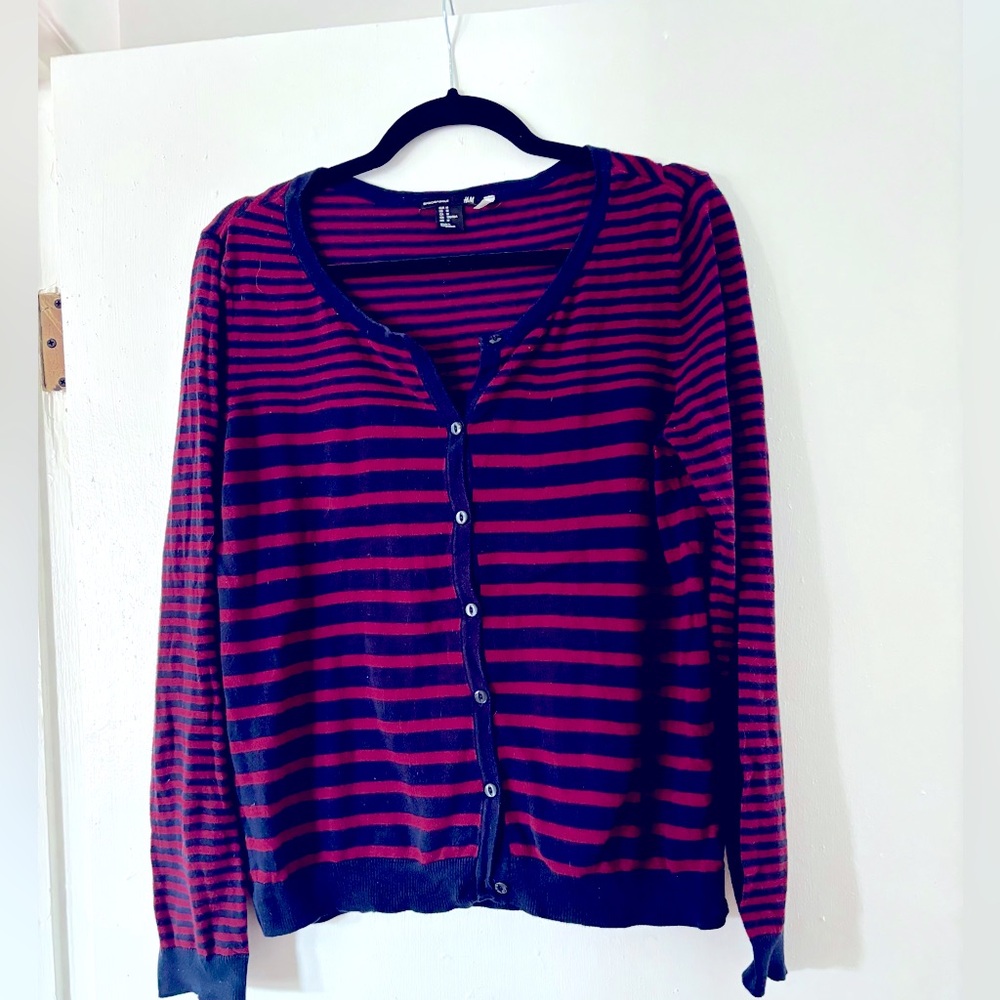 H&M Red and Black Striped Cardigan